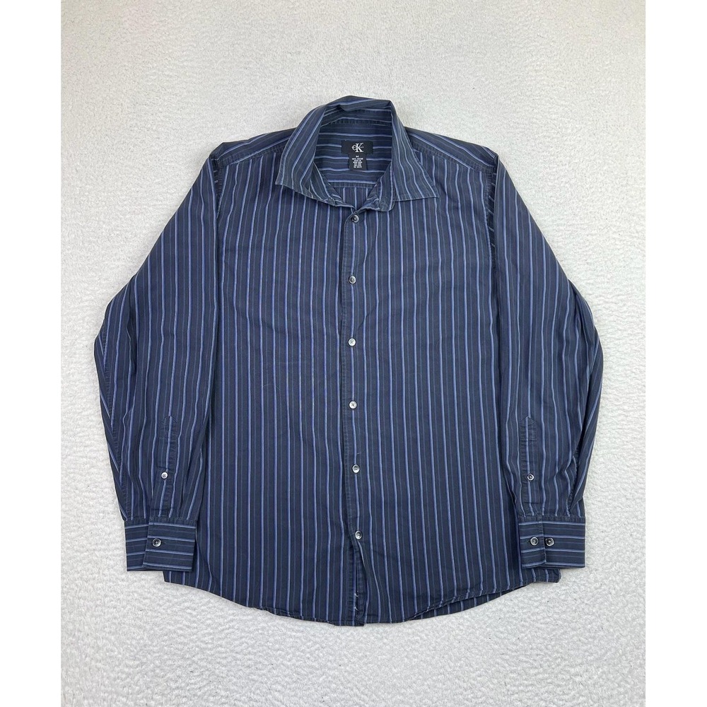 Calvin Klein Shirt‎ Mens Medium Blue Striped Button Down Long Sleeve Hong Kong